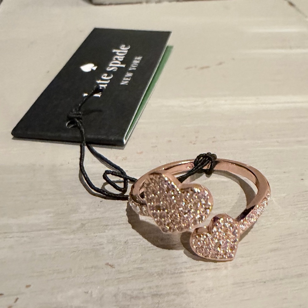 NWT Kate Spade Yours Truly Rose Gold Crystal Double Heart Ring Accessory, Size 7 - Picture 3 of 7